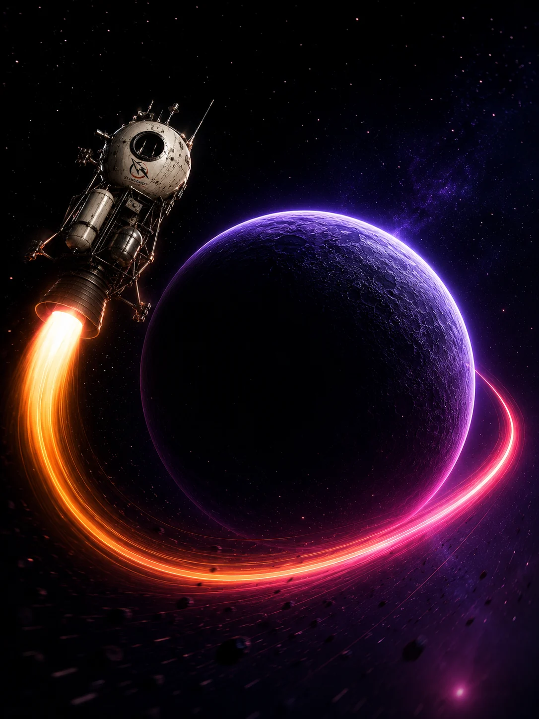 A hand-built racing ship whips around a dark planet, its slingshot trajectory burning gold into magenta.