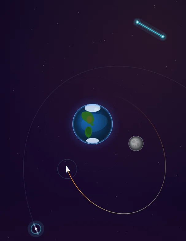 A ship curls around Earth's underside on an orange trajectory. The glowing gate waits in the upper corner, past the Moon.