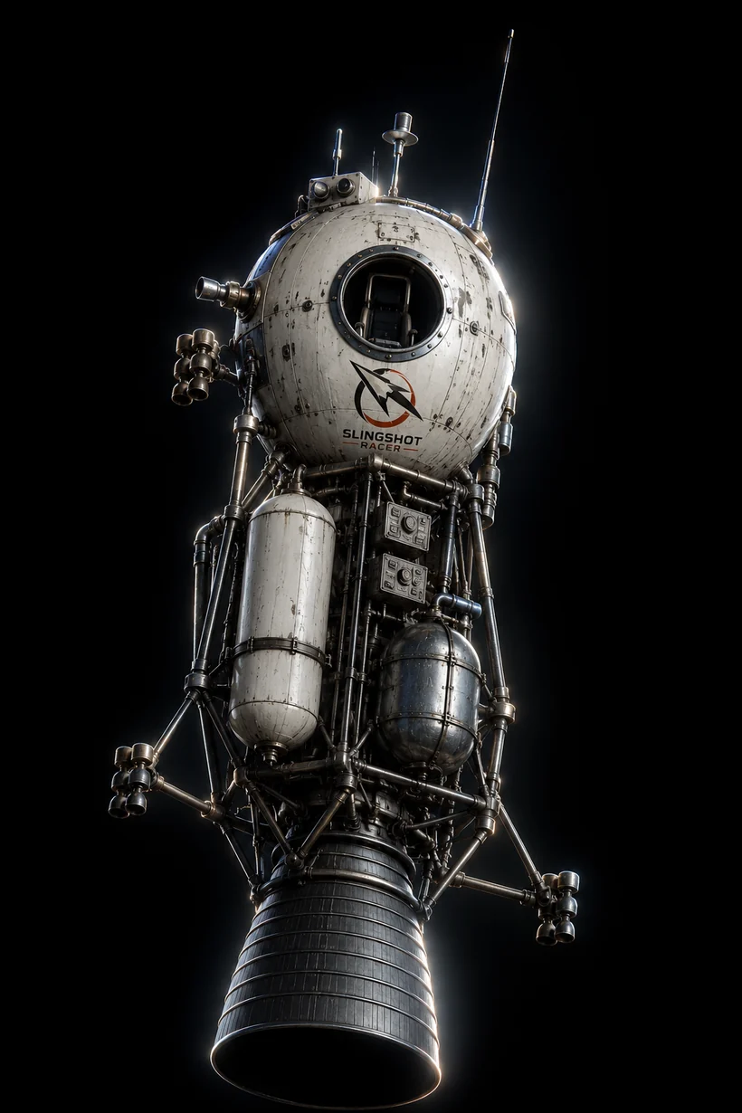 A racing ship built from salvaged parts: a small pressurized pod, strapped tanks, exposed struts, and one oversized engine bell.